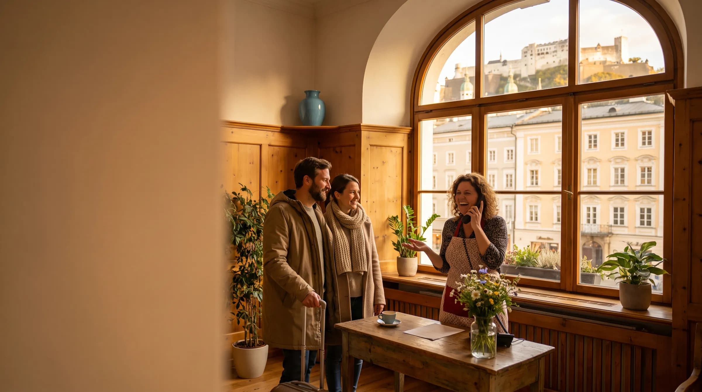 Eine Rezeptionistin lacht am Telefon in einer Salzburger Familienpension, ein Paar mit Koffer wartet, draußen barocke Altstadthäuser und die Festung Hohensalzburg