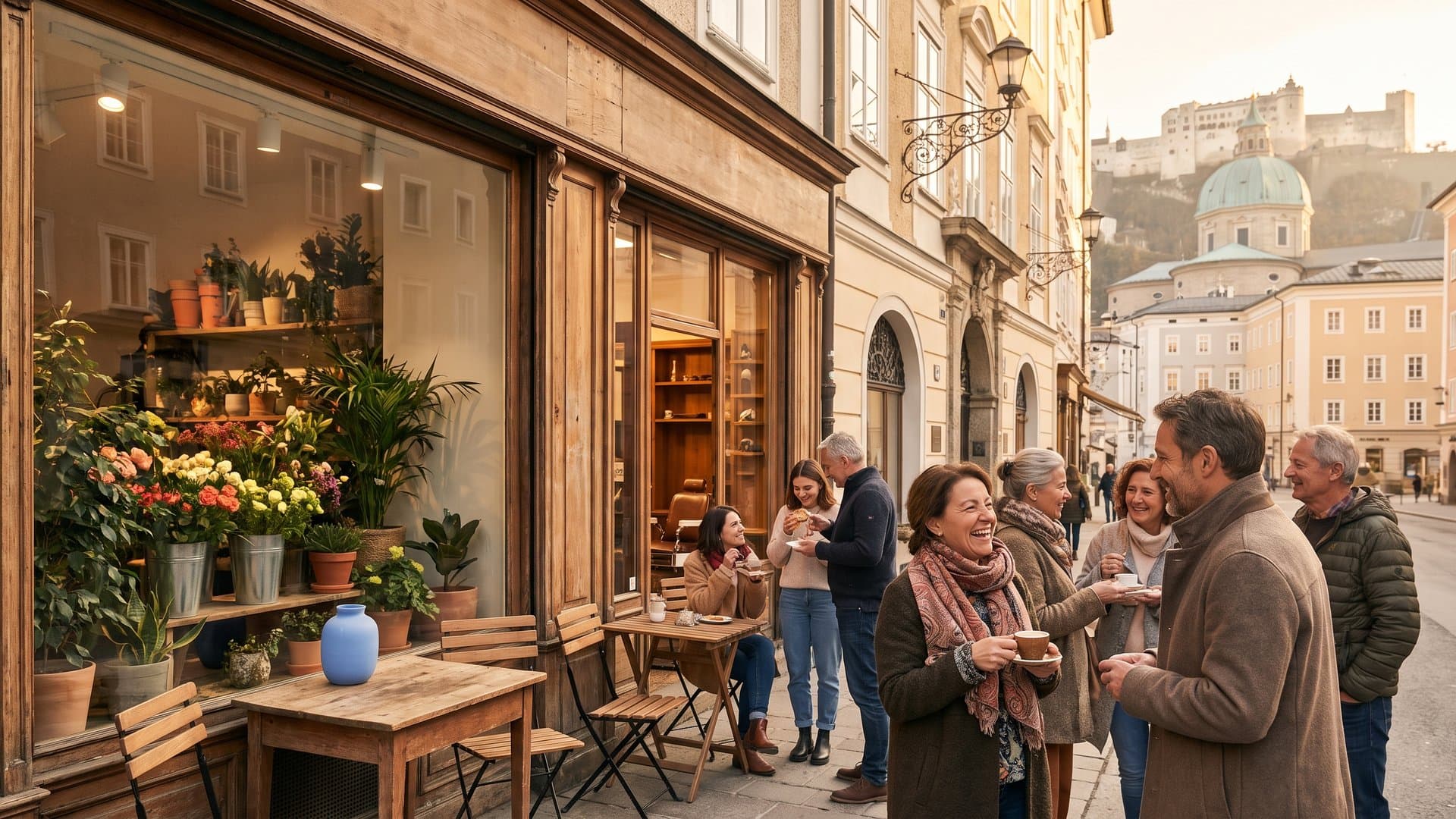 Eine Altstadtstraße mit kleinen Geschäften im Abendlicht