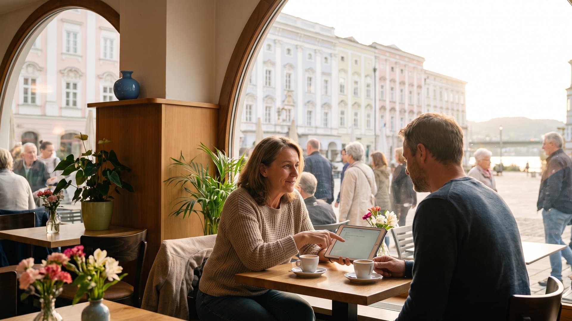 Eine Unternehmerin vergleicht im Café zwei Optionen auf dem Tablet