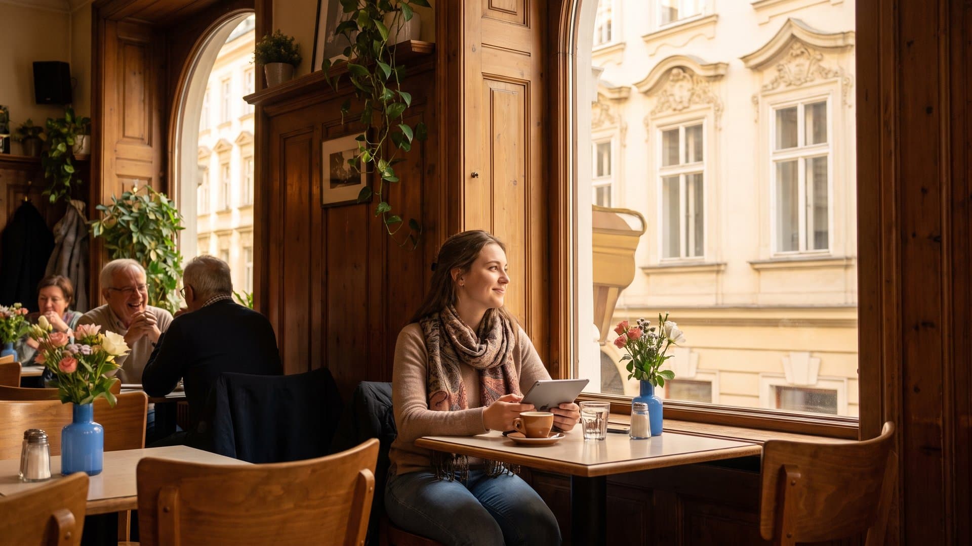 Eine Frau liest in einem gemütlichen Café einen Artikel auf dem Tablet
