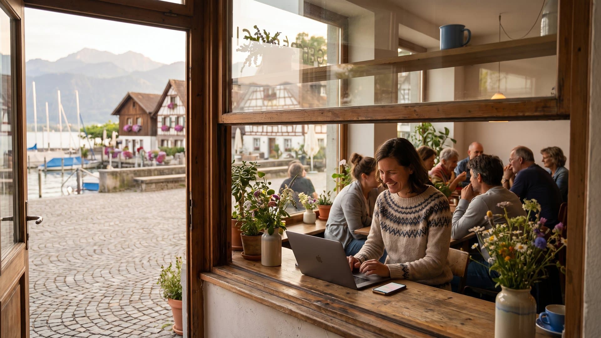 Eine Café-Besitzerin richtet ihren Laptop ein, während ihr Handy aufleuchtet